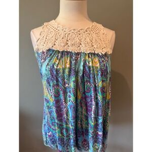 Y2K Boho Indie Small Crochet Neck Paisley Sleeveless Tank